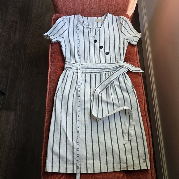 S. Oliver Linen Cotton Short Sleeve V-Neck Cream/White Shirt Dress Stripes Sz. 2 - Picture 8 of 10